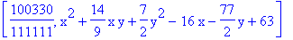 [100330/111111, x^2+14/9*x*y+7/2*y^2-16*x-77/2*y+63]